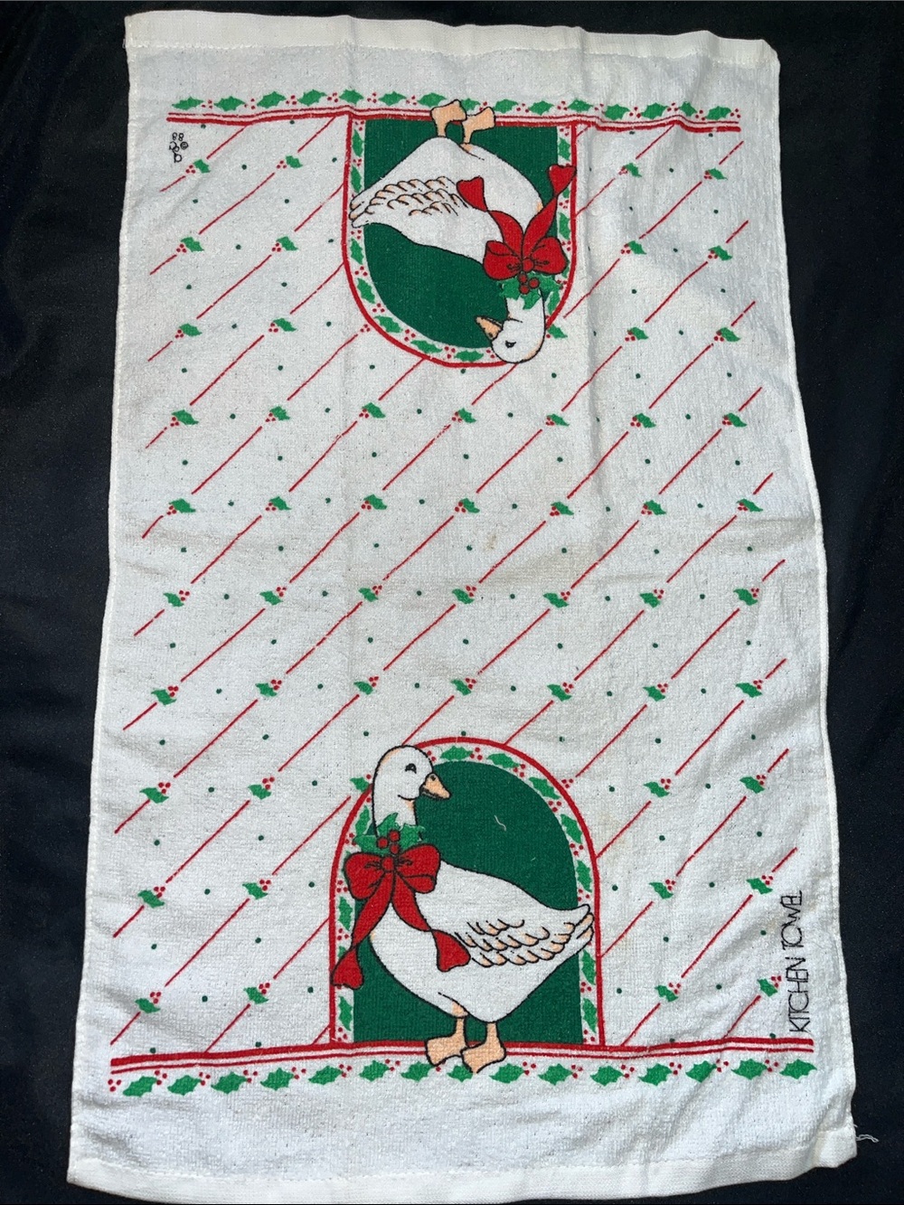 Vtg 80s Christmas Duck Goose Terry Kitchen Hand Towel Cottage Country Core